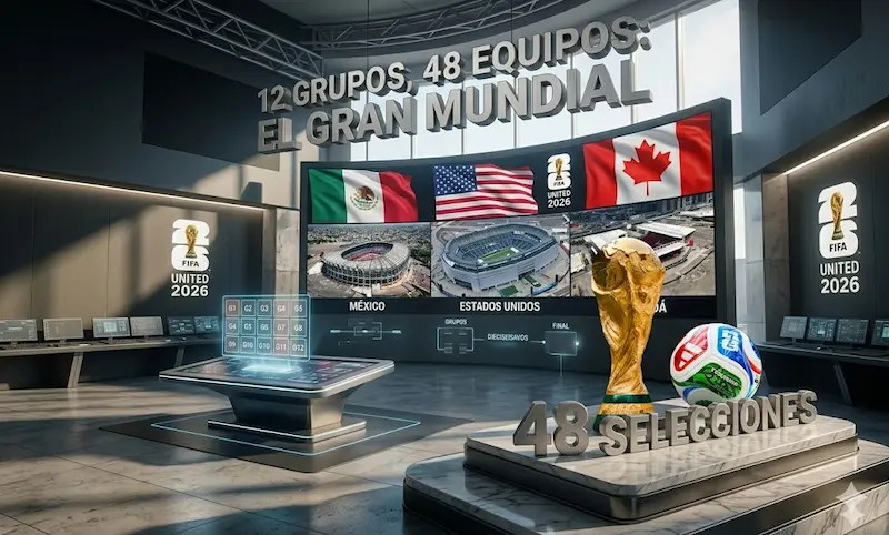 Ilustración del Mundial 2026 con la copa, los logos del torneo y las banderas de México, Estados Unidos y Canadá