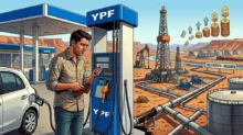 Ilustración de un hombre cargando nafta en YPF con torres petroleras y Vaca Muerta al fondo