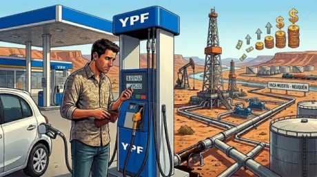 Ilustración de un hombre cargando nafta en YPF con torres petroleras y Vaca Muerta al fondo
