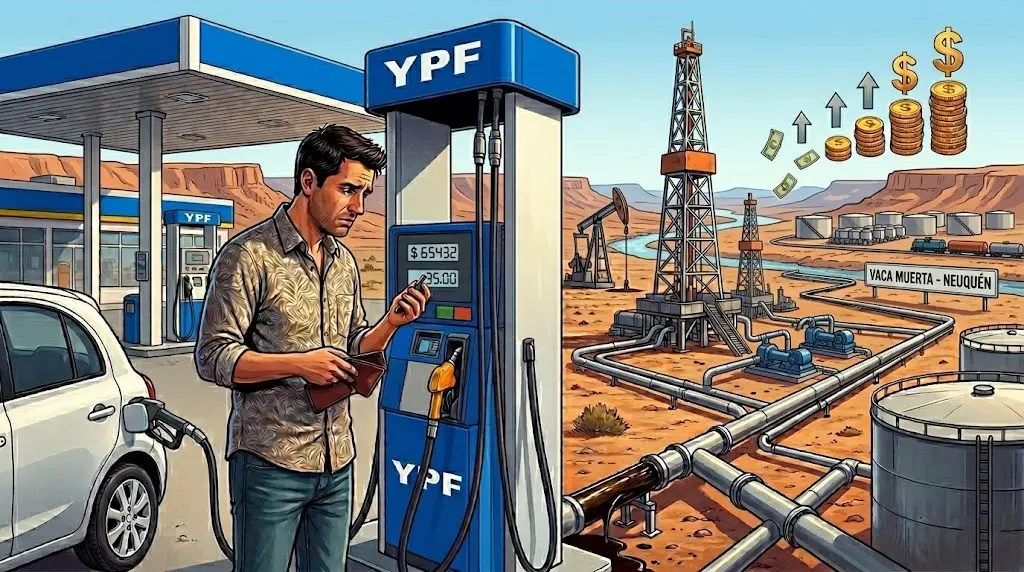 Ilustración de un hombre cargando nafta en YPF con torres petroleras y Vaca Muerta al fondo