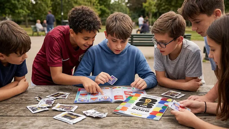Cinco chicos revisan un álbum del Mundial 2026 y comparan figuritas en una mesa al aire libre