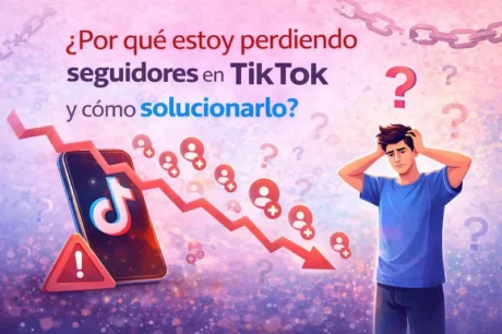 Ilustración de TikTok con flecha descendente, signos de pregunta y un joven preocupado por perder seguidores