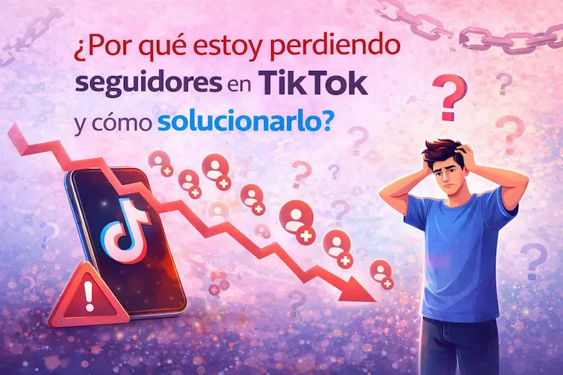 Ilustración de TikTok con flecha descendente, signos de pregunta y un joven preocupado por perder seguidores