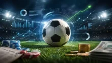 Balón de fútbol en un estadio con gráficos de análisis, fichas, monedas y billetes en primer plano