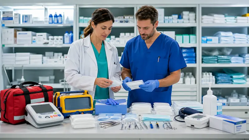 Dos profesionales sanitarios revisan insumos médicos en una sala clínica con estanterías abastecidas