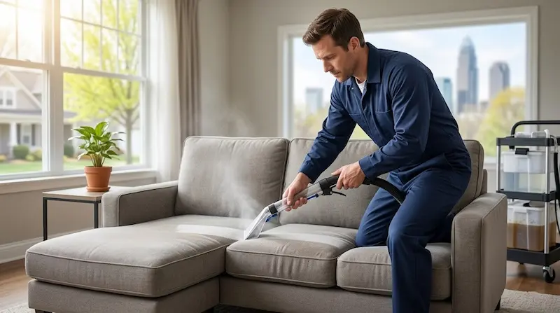 Technician cleaning a light gray sectional sofa with extraction equipment in a bright living room
