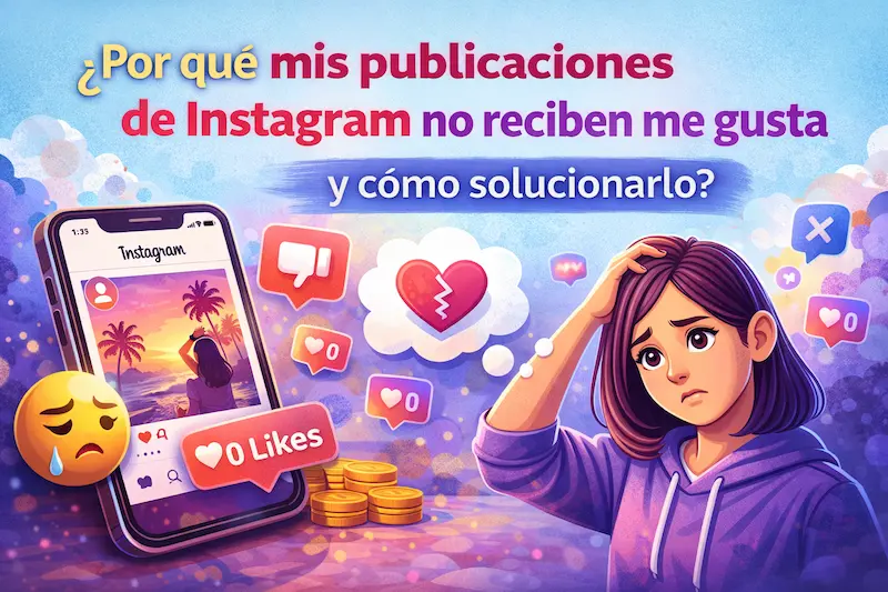 Ilustración de una joven preocupada por una publicación de Instagram con 0 likes y símbolos de interacción negativa