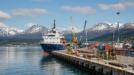 Muelle del Puerto de Ushuaia con un buque, grúas, contenedores y montañas nevadas al fondo