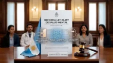 Cartel sobre la reforma de la Ley de Salud Mental con bandera argentina, mazo judicial y personas desenfocadas al fondo