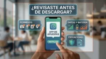 Mano sosteniendo un celular con una app de apuestas y gráficos sobre permisos, datos, batería y privacidad.