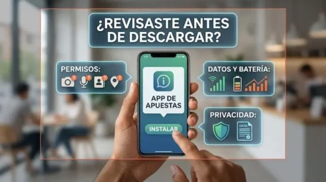Mano sosteniendo un celular con una app de apuestas y gráficos sobre permisos, datos, batería y privacidad.