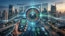 Mano con celular de verificación completada frente a una ruleta digital y paneles de seguridad