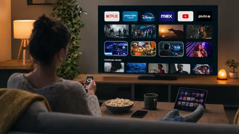 Persona de espaldas mira una TV con apps de streaming en una sala, con pochoclos, taza y tablet sobre la mesa.