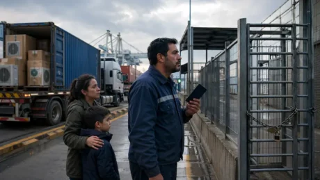 Un trabajador con pasaporte mira una reja cerrada junto a su familia, mientras un camión con contenedores circula al costado.