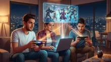Tres jóvenes juegan en consola, laptop y móvil frente a una proyección de personajes de videojuegos