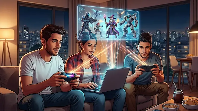Tres jóvenes juegan en consola, laptop y móvil frente a una proyección de personajes de videojuegos