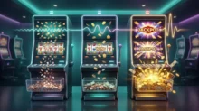 Tres máquinas tragaperras ilustradas comparan distintos niveles de pago con monedas, luces y un jackpot brillante.