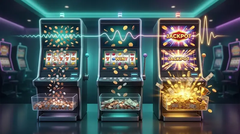 Tres máquinas tragaperras ilustradas comparan distintos niveles de pago con monedas, luces y un jackpot brillante.