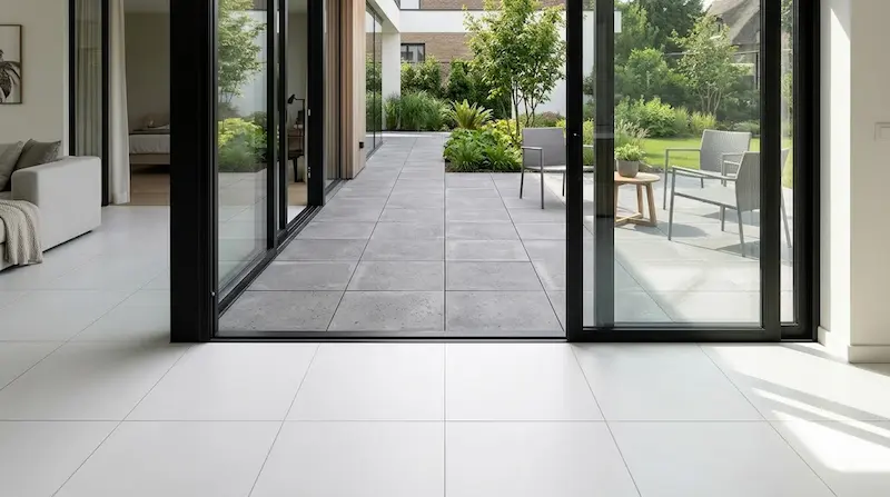 Heller Wohnraum mit weißen Bodenfliesen und offener Terrasse mit grauen Platten vor einem Garten