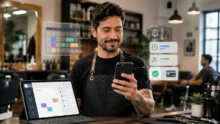 Barbero mira un celular junto a una agenda digital en una barbería moderna