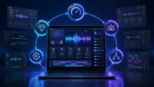 Neon laptop screen showing an AI music dashboard with waveforms, controls and comparison icons