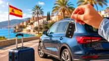 Mano sosteniendo llaves de coche junto a un vehículo azul, una valija y una bandera de España