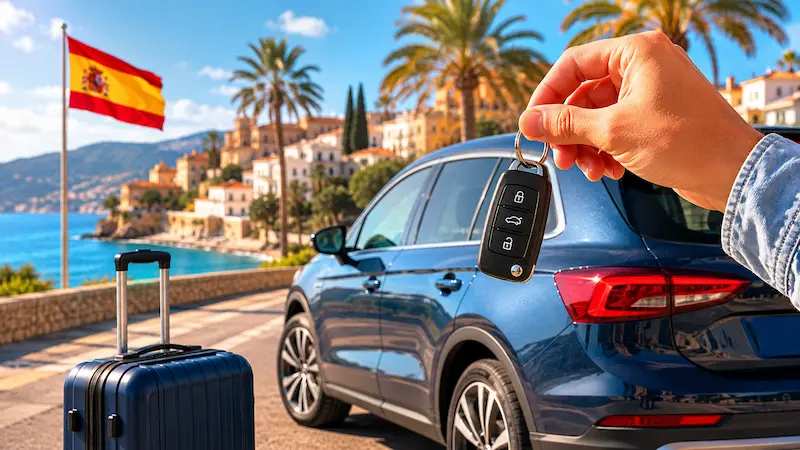 Mano sosteniendo llaves de coche junto a un vehículo azul, una valija y una bandera de España