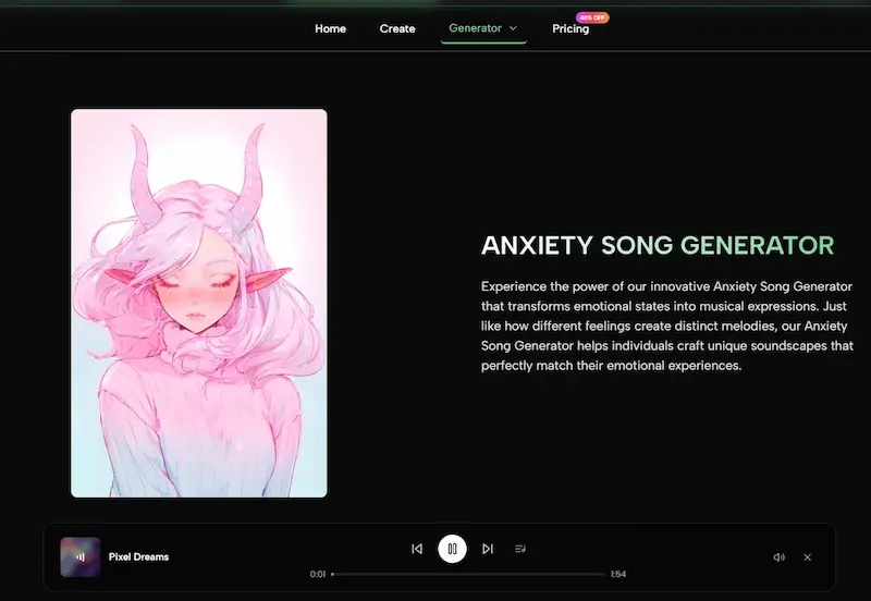 Screenshot of an anxiety song generator page with an illustration and audio player