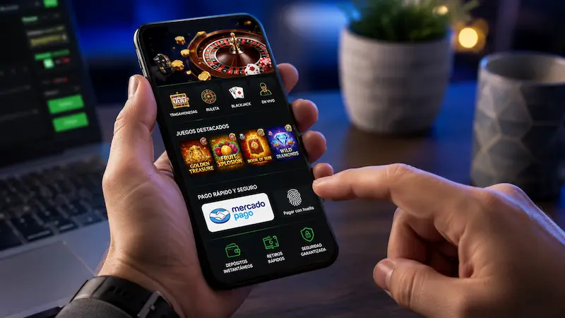 Persona usa un celular con una app de casino, juegos destacados, pago digital y opción de huella