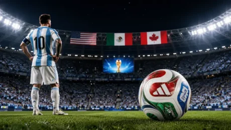 Jugador argentino de espaldas en un estadio con la pelota Trionda y banderas de Estados Unidos, México y Canadá