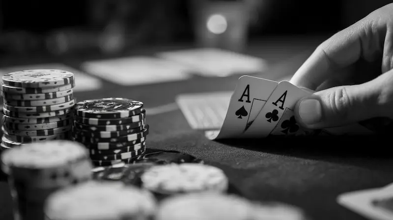 Mano sosteniendo dos ases junto a fichas apiladas sobre una mesa de casino