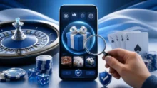 Celular con interfaz de casino online, regalo, ruleta, fichas, dados, cartas y lupa