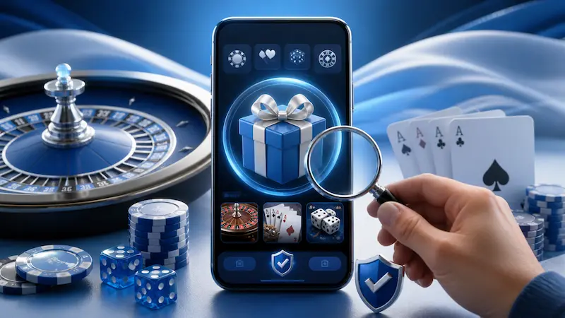 Celular con interfaz de casino online, regalo, ruleta, fichas, dados, cartas y lupa