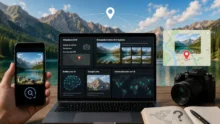 Laptop y celular muestran herramientas de IA para ubicar una foto de un lago de montaña