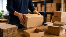 Persona acomoda una caja de cartón sobre una mesa en un depósito con paquetes apilados