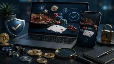 Dispositivos con ruleta online, fichas, monedas digitales y símbolos de seguridad sobre un escritorio oscuro