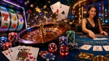 Table de casino avec roulette, jetons, cartes, dés, machine à sous et croupière en arrière-plan