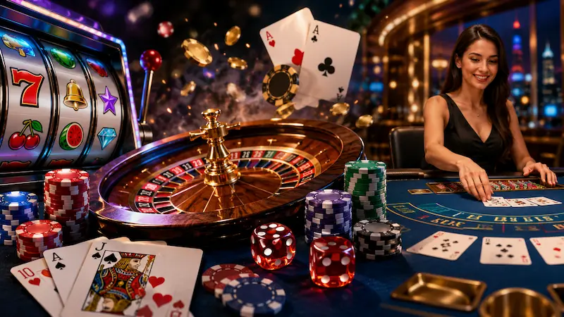 Table de casino avec roulette, jetons, cartes, dés, machine à sous et croupière en arrière-plan