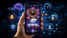 Smartphone con app de casino online rodeado de íconos de seguridad, billetera, velocidad y cerebro