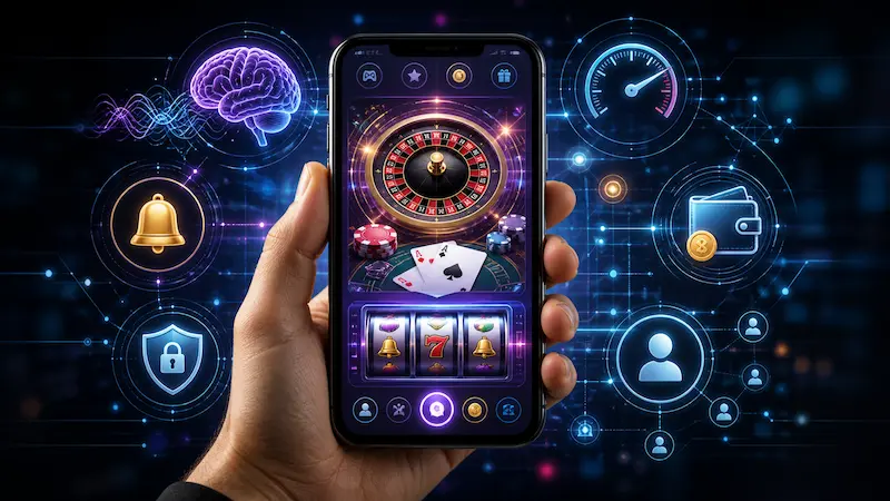 Smartphone con app de casino online rodeado de íconos de seguridad, billetera, velocidad y cerebro