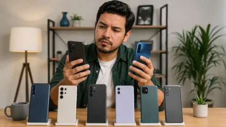Hombre compara dos celulares frente a varios modelos exhibidos sobre una mesa