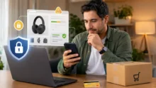 Hombre revisa una compra online con íconos de seguridad, una laptop, una tarjeta y una caja sobre la mesa