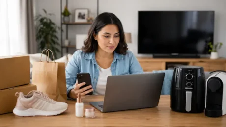 Mujer compara compras online con notebook y celular junto a zapatillas, cajas y electrodomésticos.