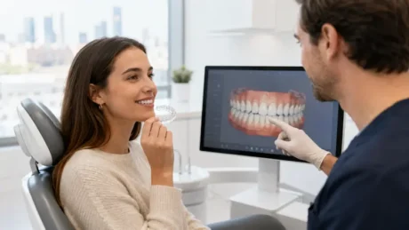 Paciente sostiene un alineador transparente durante una consulta dental con modelo 3D en pantalla