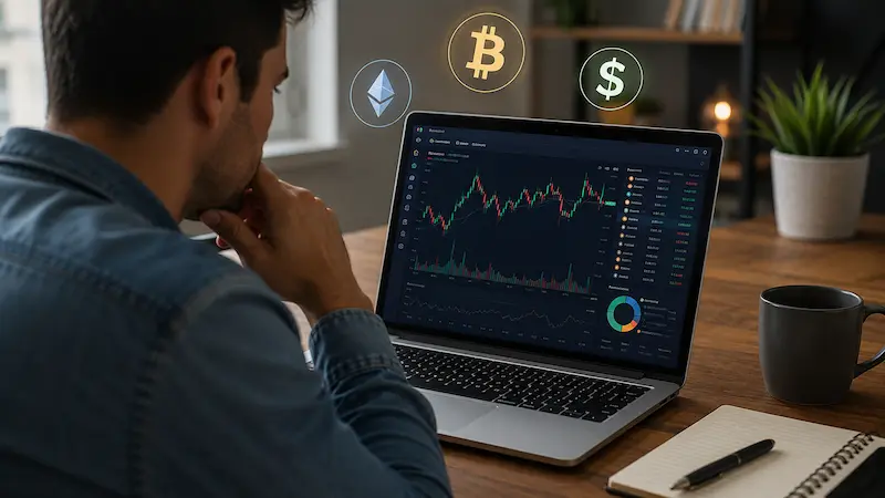 Person reviewing a crypto market dashboard on a laptop in a home office