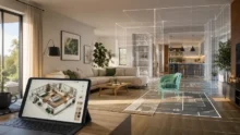 Sala moderna con una tablet que muestra un plano 3D y una superposición digital de diseño interior.