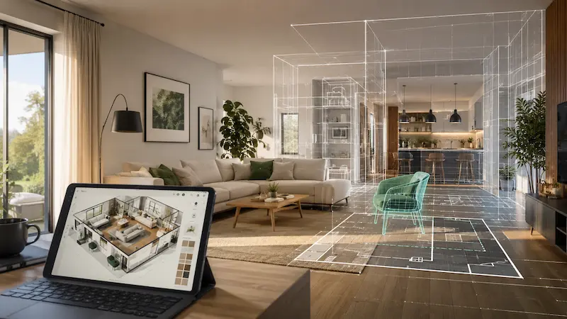 Sala moderna con una tablet que muestra un plano 3D y una superposición digital de diseño interior.