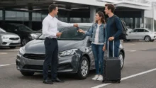 Agente entrega llaves de un coche de alquiler compacto a una pareja con equipaje