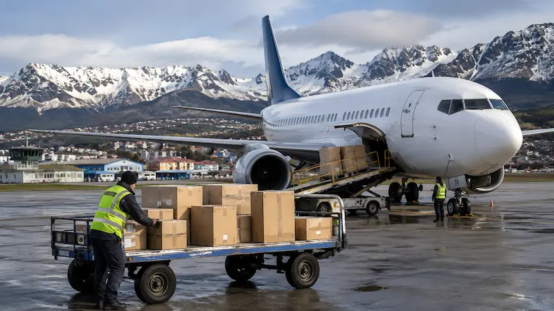 Avión comercial en pista con cajas de carga y montañas nevadas de fondo