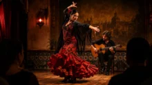 Bailaora de flamenco en escena con un guitarrista durante una función en vivo